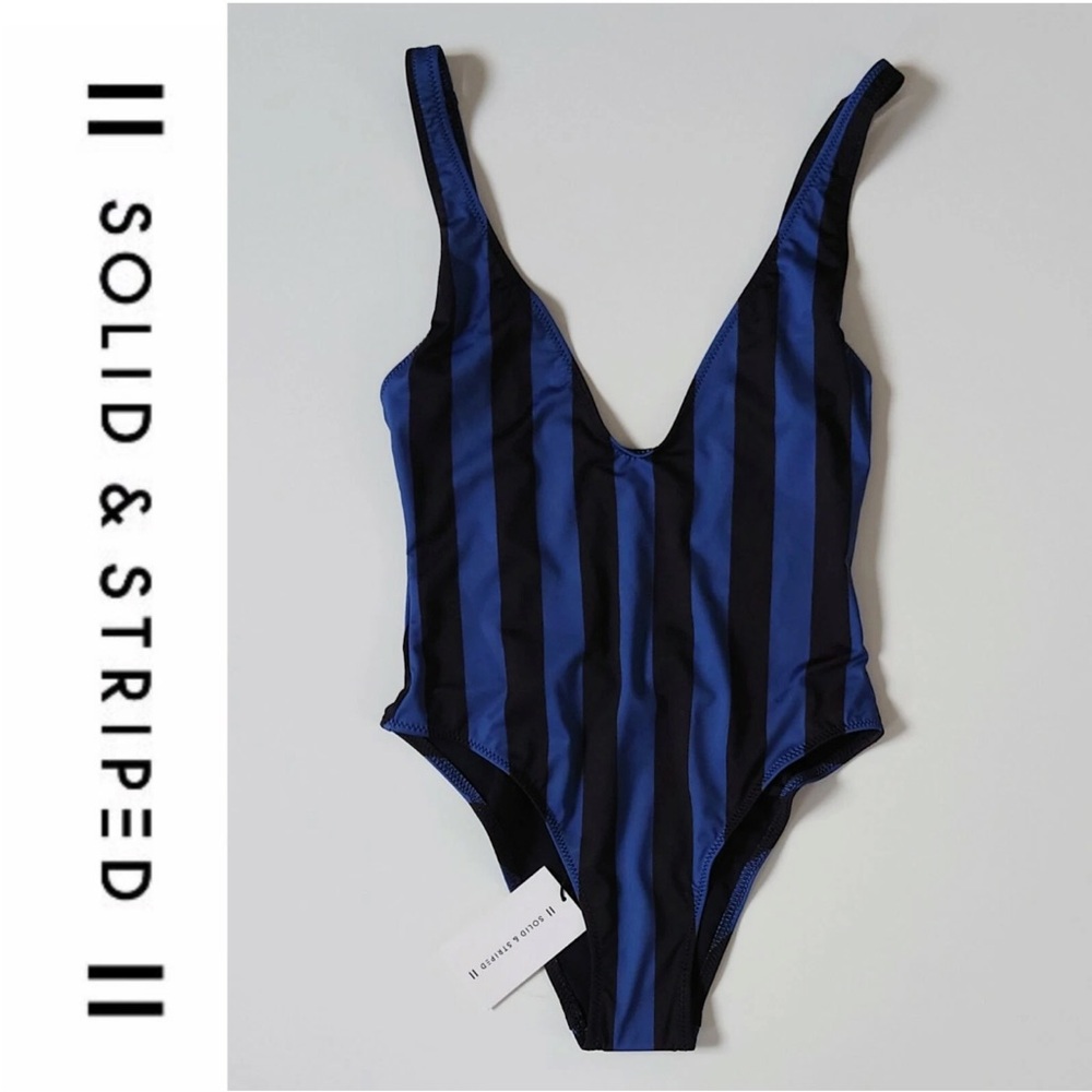 SOLID & STRIPED Anne-Marie Blue and Black Striped Swimsuit